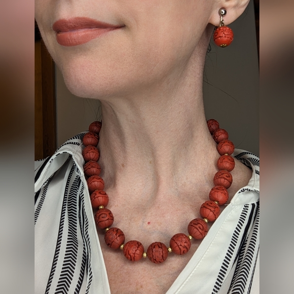 Vintage Hand Carved Cinnabar Necklace And Earrings Set - Picture 1 of 9